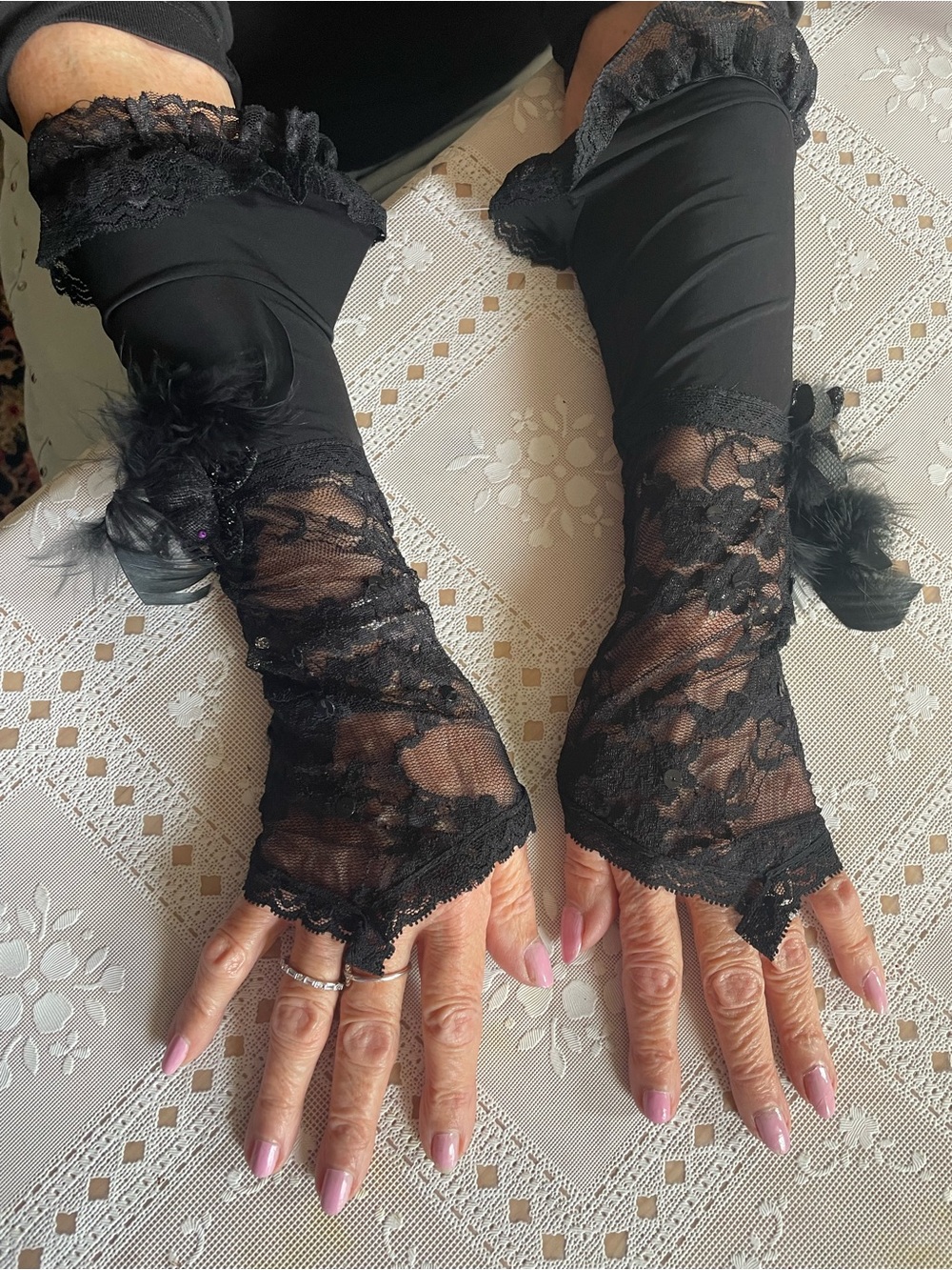 Black Lace Fingerless Gloves with Feather Accent - Women Accessories